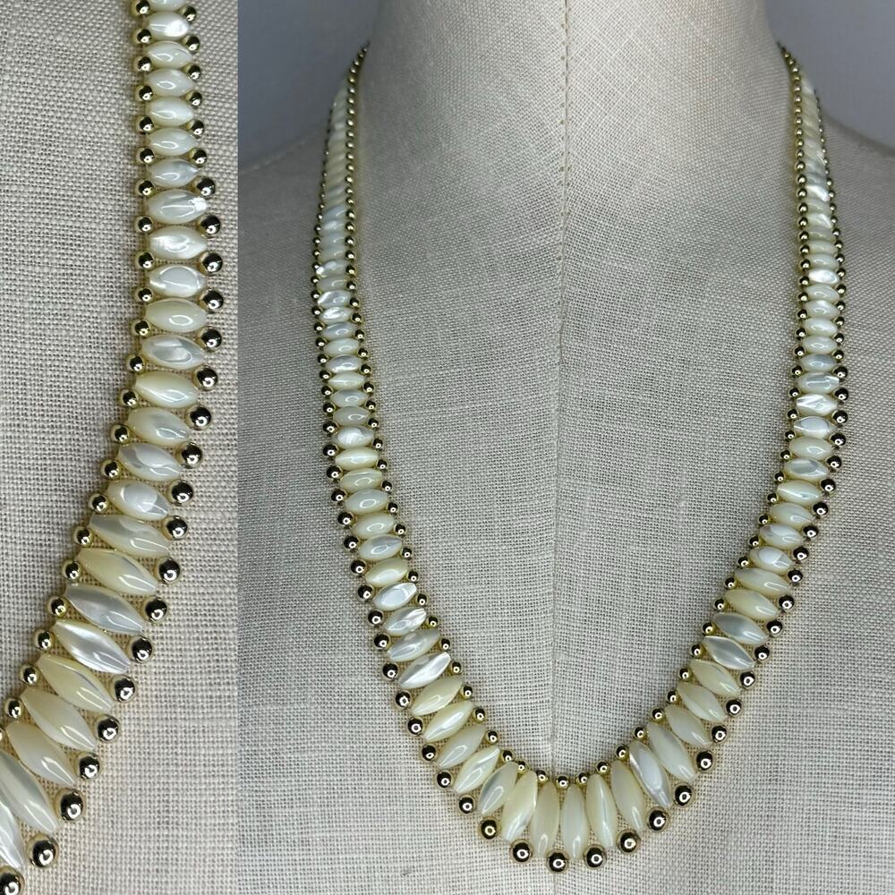 Elegant Elongated Bead Necklace Gold Tone White